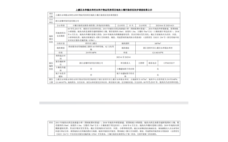 上虞区永和镇永和村永和片物业用房项目地块土壤污染状况初步调查结果公示
